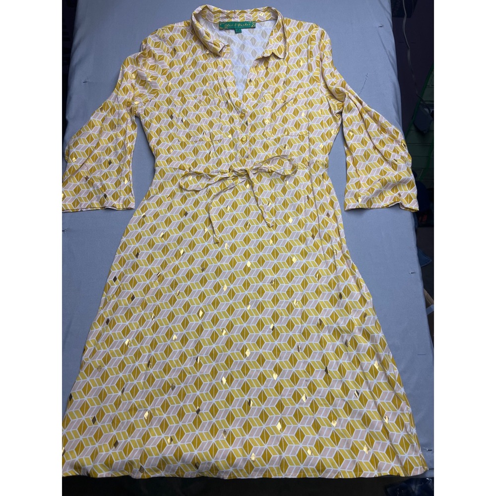 Alex & Parker Yellow Geometric Gold Foil Shirt Dress AP059 Medium